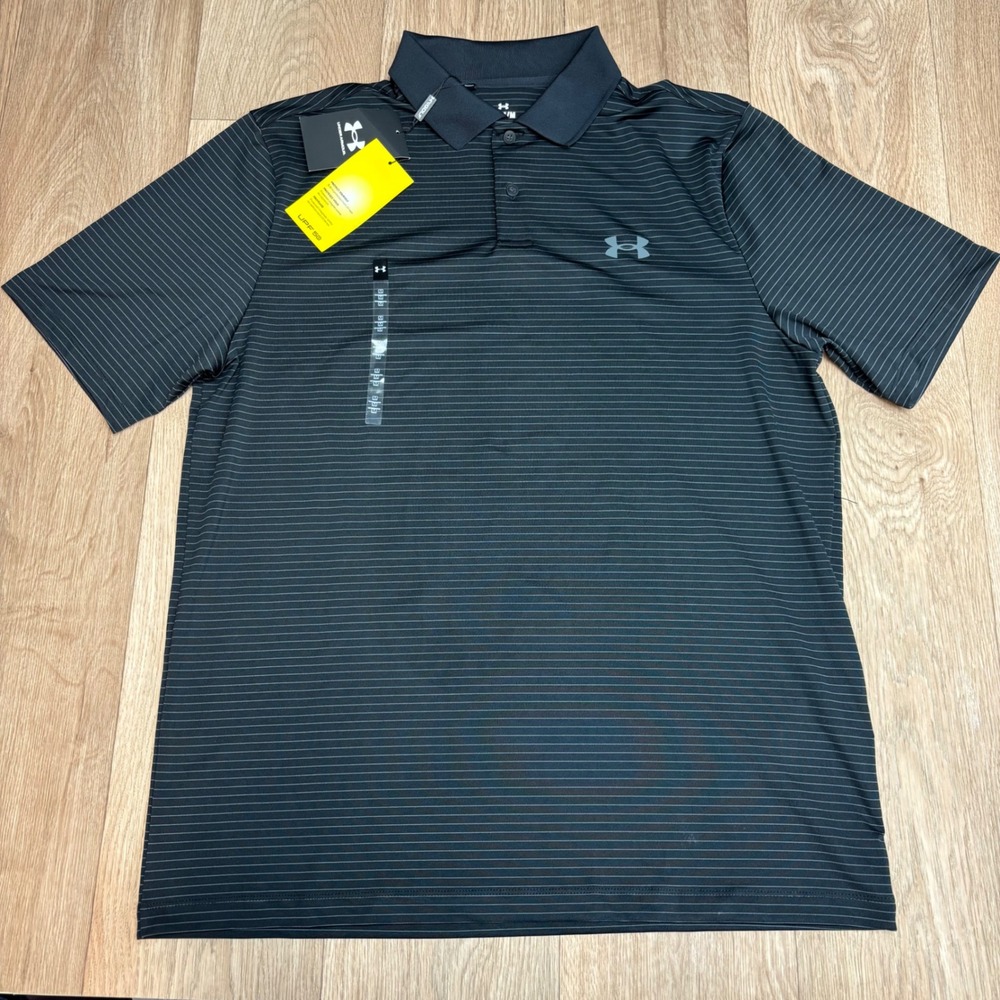 Under Armour Mens HeatGear Polo Shirt Black Grey Striped Loose Fit UPF 50 Medium